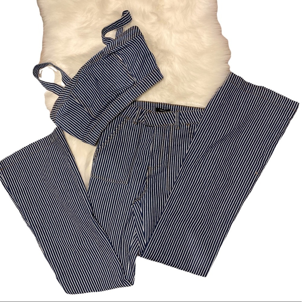 FOREVER 21 Striped Denim Crop Top and Wide Leg Jean 2 Piece Set Size Sma…
